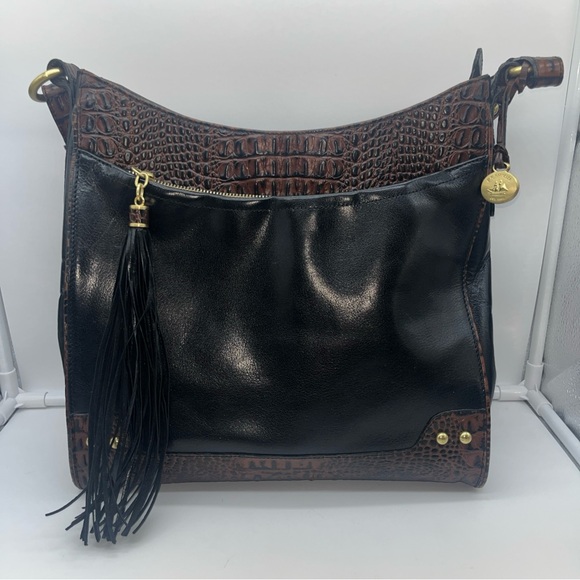 Brahmin Duxbury Leather Satchel Handbag/Purse Black Leather & Brown Croc Accent - Picture 2 of 13